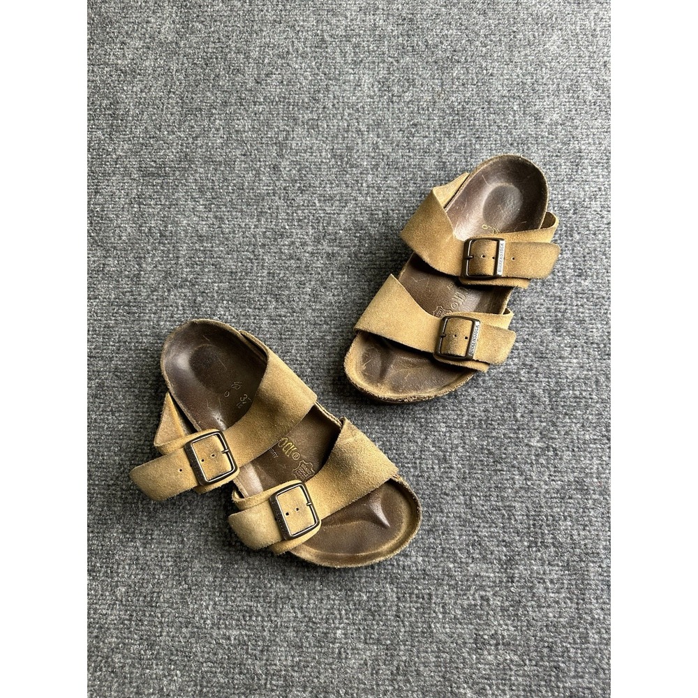 Womens Birkenstock Arizona Brown Suede Leather Two Strap Sandals, Size 6 EU 37